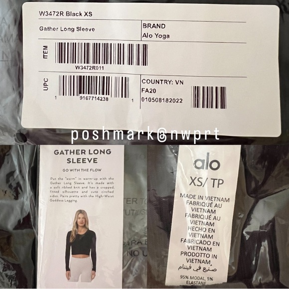 NWT ✨ ALO YOGA Gather Long Sleeve Ribbed Crop Tee Top Shirt Black XS - Picture 4 of 8